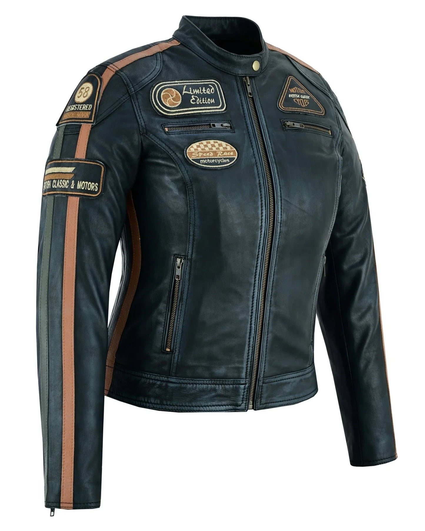 gallanto women's fashion black leather biker style jacket with badges -