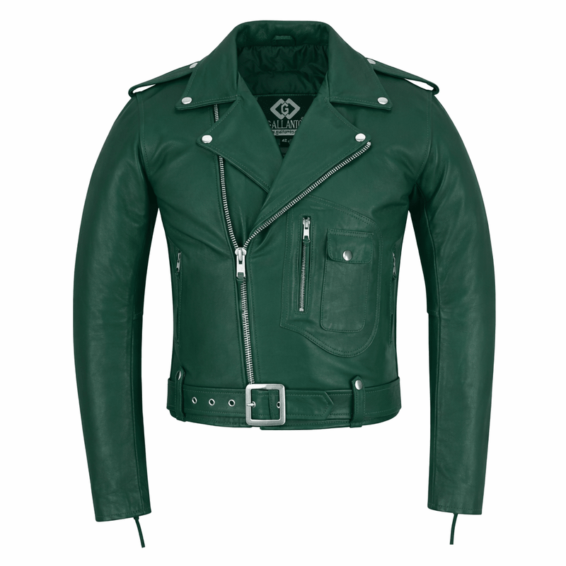 Green Leather Biker Jacket for Men – Cowhide, Zippered Cuffs, Multi - Pockets - 