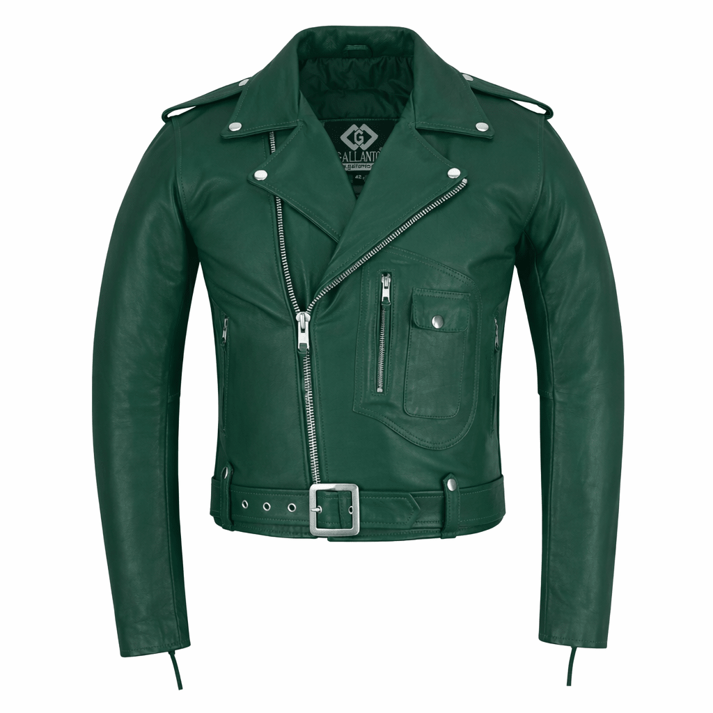 Green Leather Biker Jacket for Men – Cowhide, Zippered Cuffs, Multi - Pockets - 