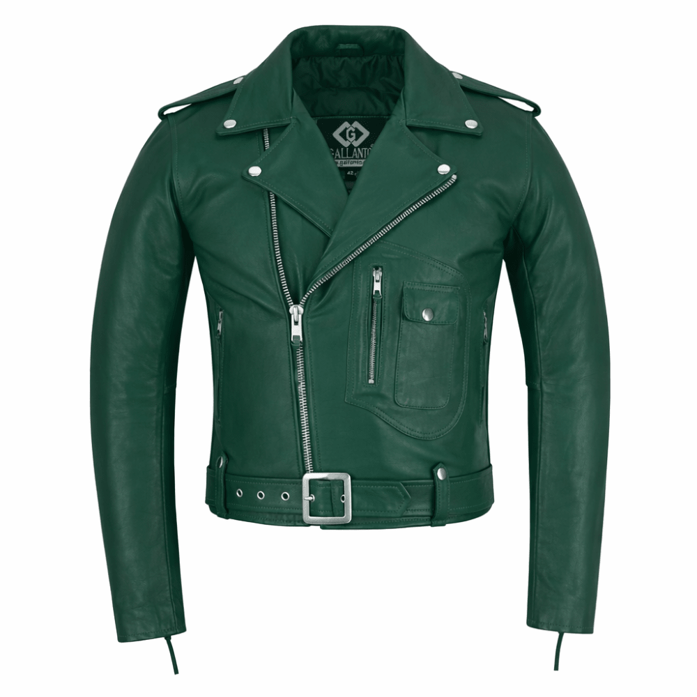 Green Leather Biker Jacket for Men – Cowhide, Zippered Cuffs, Multi - Pockets - 