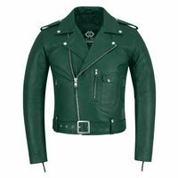 Green Leather Biker Jacket for Men – Cowhide, Zippered Cuffs, Multi - Pockets - 