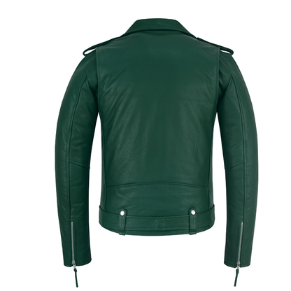 Green Leather Biker Jacket for Men – Cowhide, Zippered Cuffs, Multi - Pockets, Lined - 