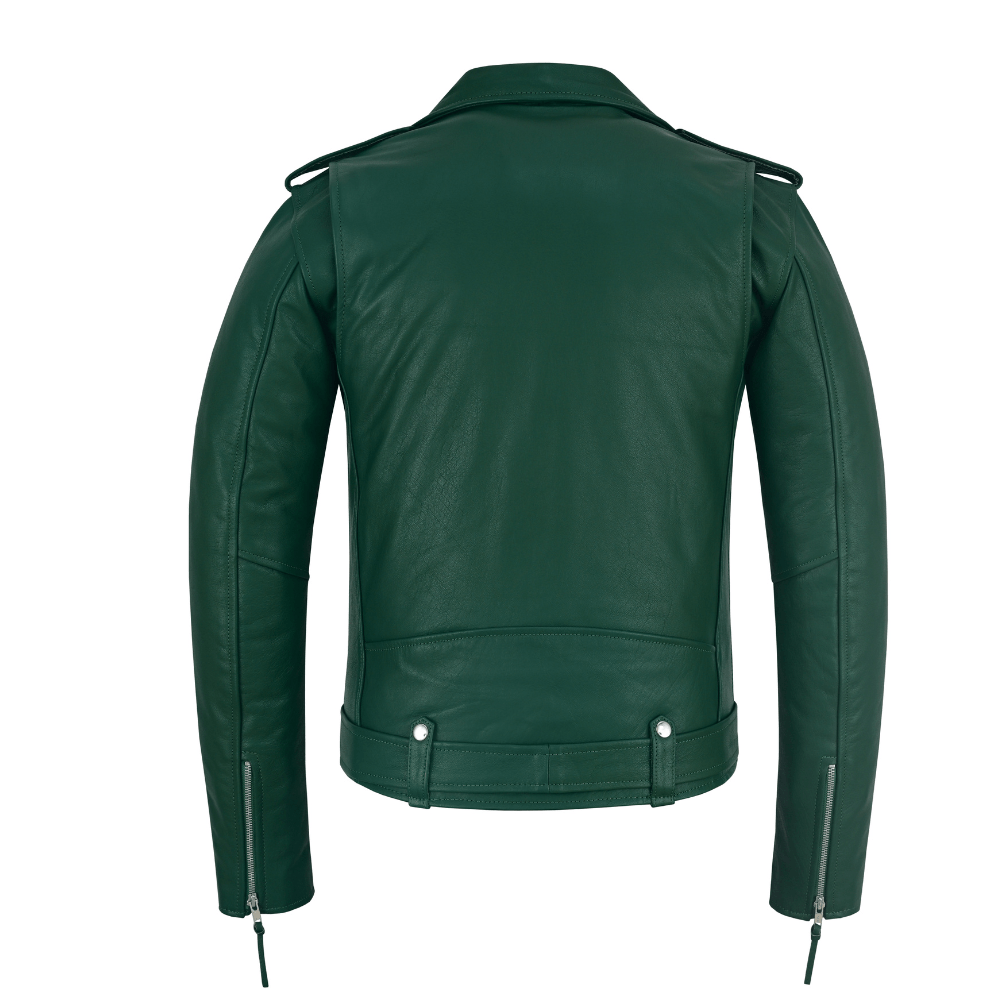 Green Leather Biker Jacket for Men – Cowhide, Zippered Cuffs, Multi - Pockets, Lined - 
