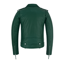 Green Leather Biker Jacket for Men – Cowhide, Zippered Cuffs, Multi - Pockets, Lined - 