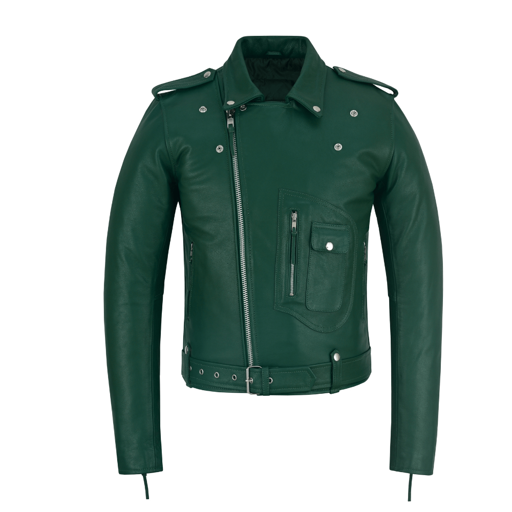 Green Leather Biker Jacket for Men – Cowhide, Zippered Cuffs, Multi - Pockets, Lined - 