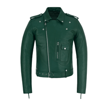 Green Leather Biker Jacket for Men – Cowhide, Zippered Cuffs, Multi - Pockets, Lined - 