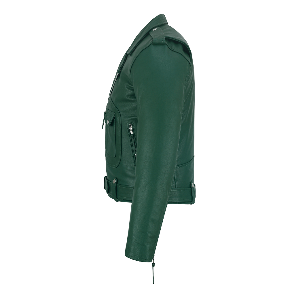 Green Leather Biker Jacket for Men – Cowhide, Zippered Cuffs, Multi - Pockets, Lined - 