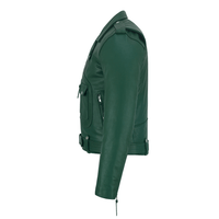 Green Leather Biker Jacket for Men – Cowhide, Zippered Cuffs, Multi - Pockets, Lined - 