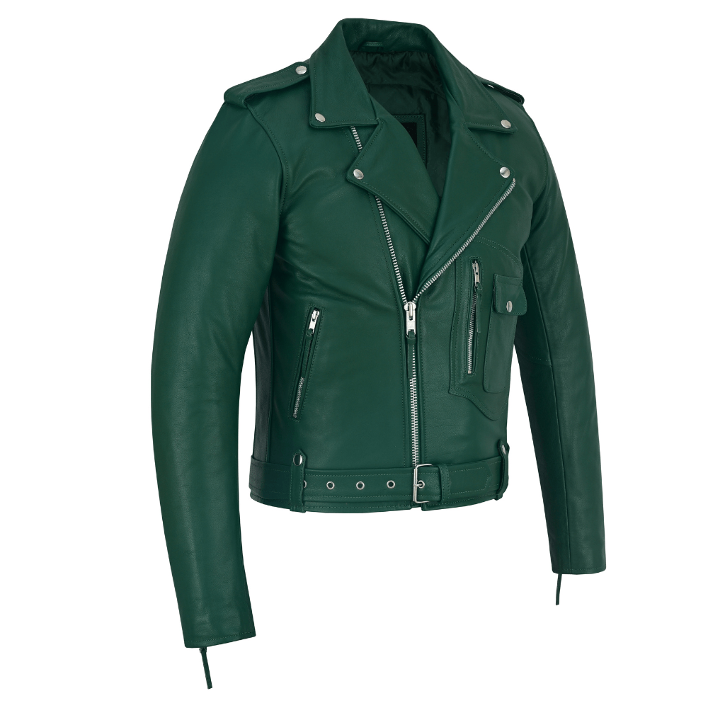 Green Leather Biker Jacket for Men – Cowhide, Zippered Cuffs, Multi - Pockets, Lined - 