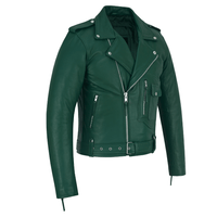 Green Leather Biker Jacket for Men – Cowhide, Zippered Cuffs, Multi - Pockets, Lined - 