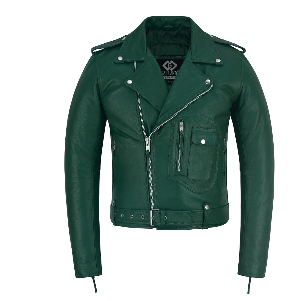 Green Leather Biker Jacket for Men – Cowhide, Zippered Cuffs, Multi - Pockets, Lined - 