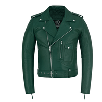 Green Leather Biker Jacket for Men – Cowhide, Zippered Cuffs, Multi - Pockets, Lined - 