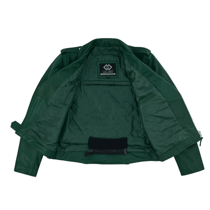Green Leather Biker Jacket for Men – Cowhide, Zippered Cuffs, Multi - Pockets, Lined - 