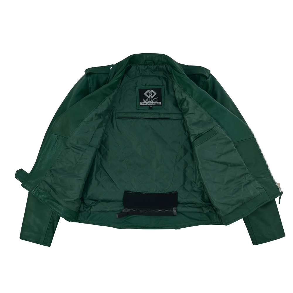 Green Leather Biker Jacket for Men – Cowhide, Zippered Cuffs, Multi - Pockets, Lined - 