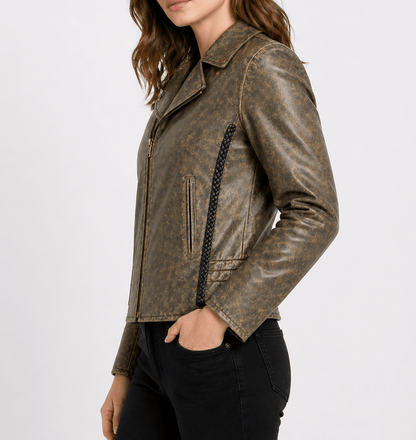Ladies' Vintage Brown Leather Biker Jacket Size M | Heritage Moto Style - 