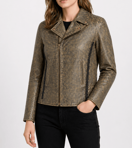 Ladies' Vintage Brown Leather Biker Jacket Size M | Heritage Moto Style - 
