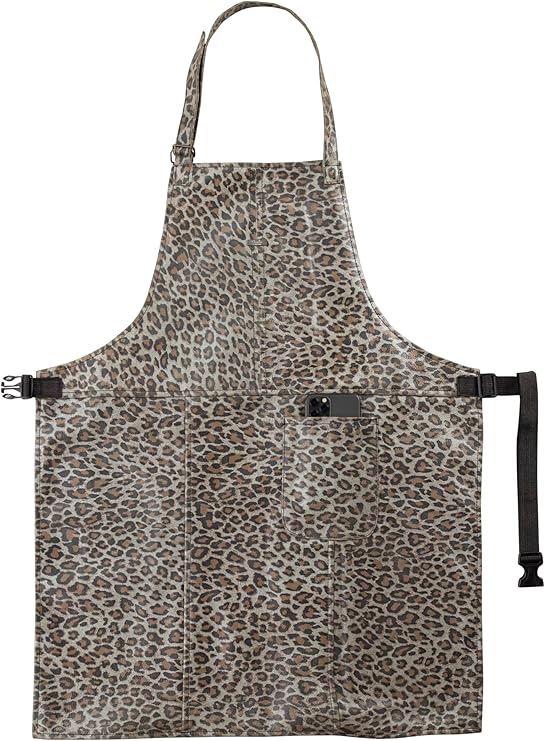 Leopard Print Leather Apron for Women & Men - Adjustable Cooking Apron with Pockets - 