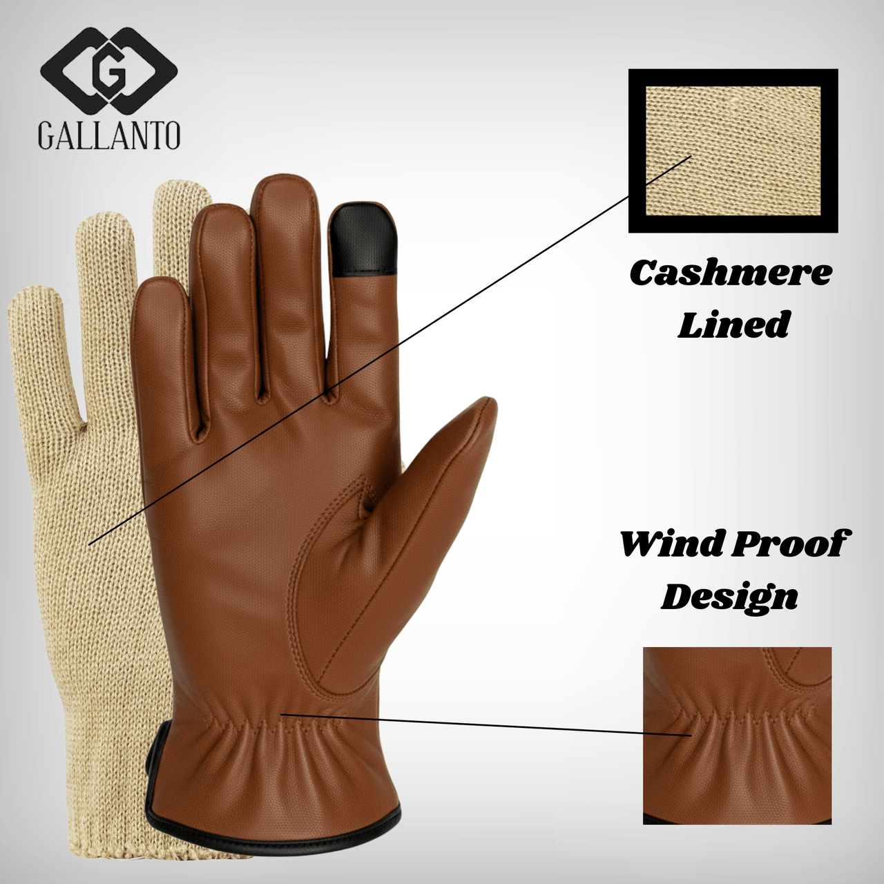 Luxury Mens Leather Gloves Cashmere Lined - Soft Comfortable Lambskin Touchsreen - 