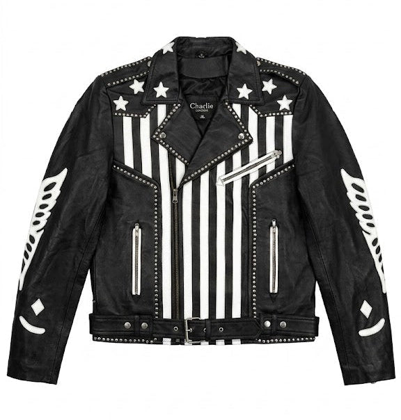 men’s american flag stars & stripes leather biker jacket size xl| patriot moto edition - 