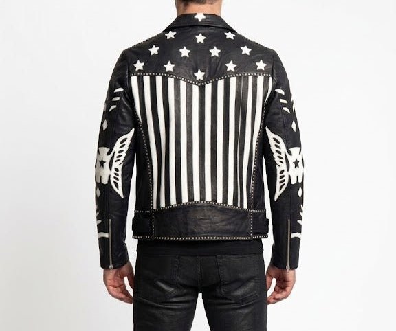 men’s american flag stars & stripes leather biker jacket size xl| patriot moto edition - 