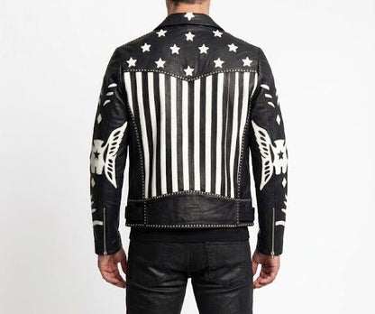 Men’s American Flag Stars & Stripes Leather Biker Jacket Size XL| Patriot Moto Edition - 