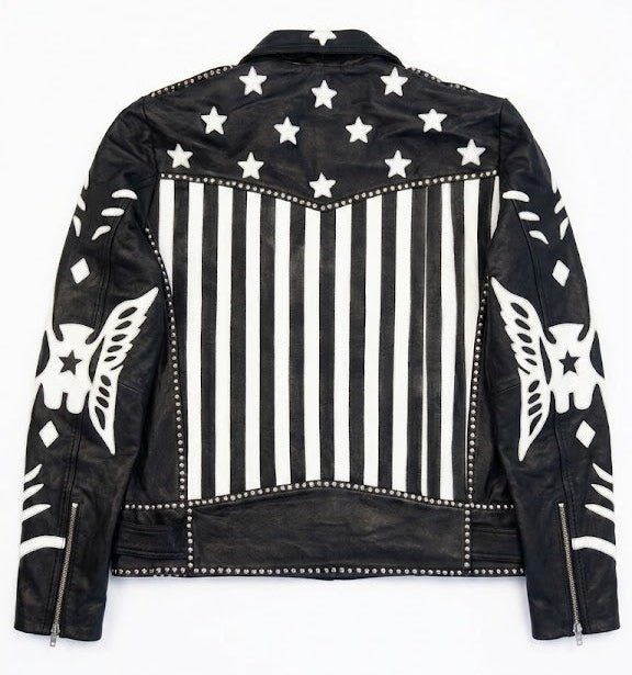 men’s american flag stars & stripes leather biker jacket size xl| patriot moto edition - 