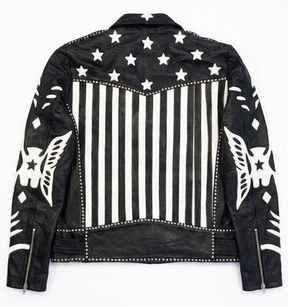 Men’s American Flag Stars & Stripes Leather Biker Jacket Size XL| Patriot Moto Edition - 
