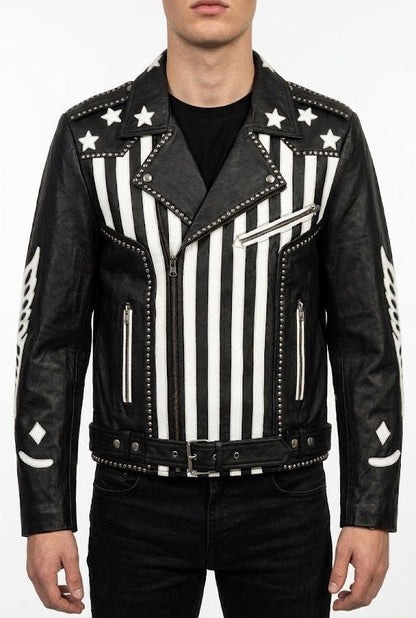 Men’s American Flag Stars & Stripes Leather Biker Jacket Size XL| Patriot Moto Edition - 