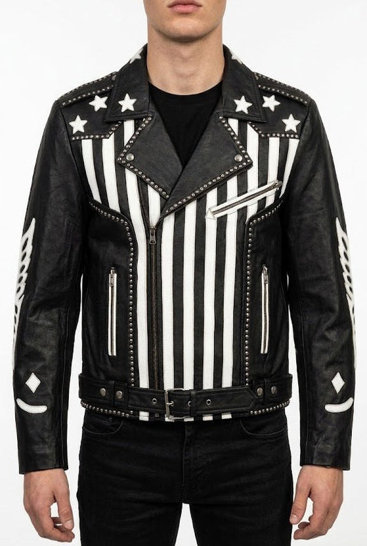 Men’s American Flag Stars & Stripes Leather Biker Jacket Size XL| Patriot Moto Edition - 
