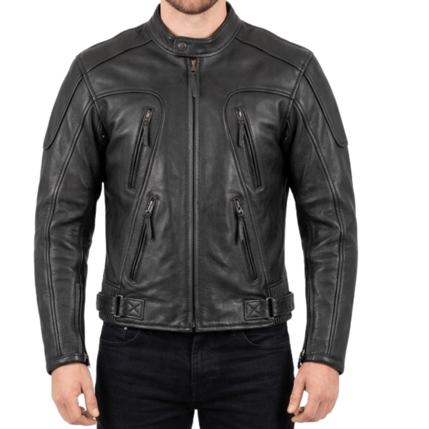 Men’s Armor - Style Black Leather Biker Jacket with Quad Ventilation - 
