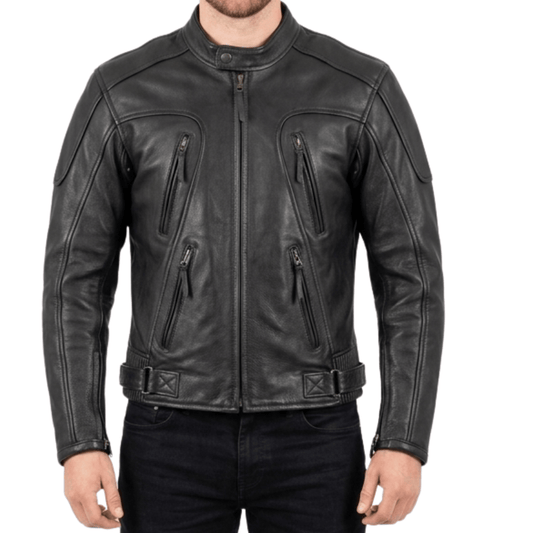 Men’s Armor - Style Black Leather Biker Jacket with Quad Ventilation - 
