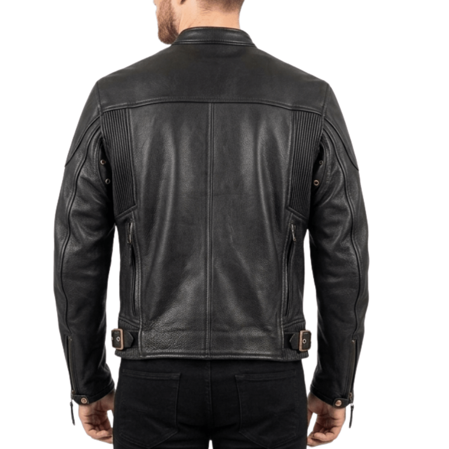 Men’s Armor - Style Black Leather Biker Jacket with Quad Ventilation - 