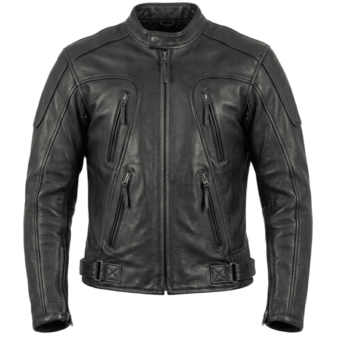 Men’s Armor - Style Black Leather Biker Jacket with Quad Ventilation - 