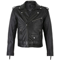 Men's black leather biker jacket with cross zip front