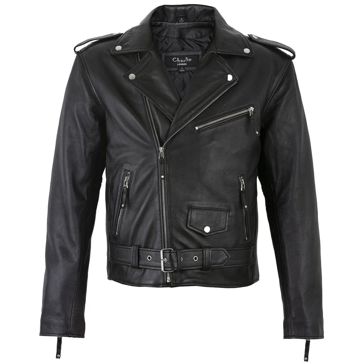 Men's black leather biker jacket with cross zip front