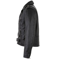Side view of men's black leather biker jacket