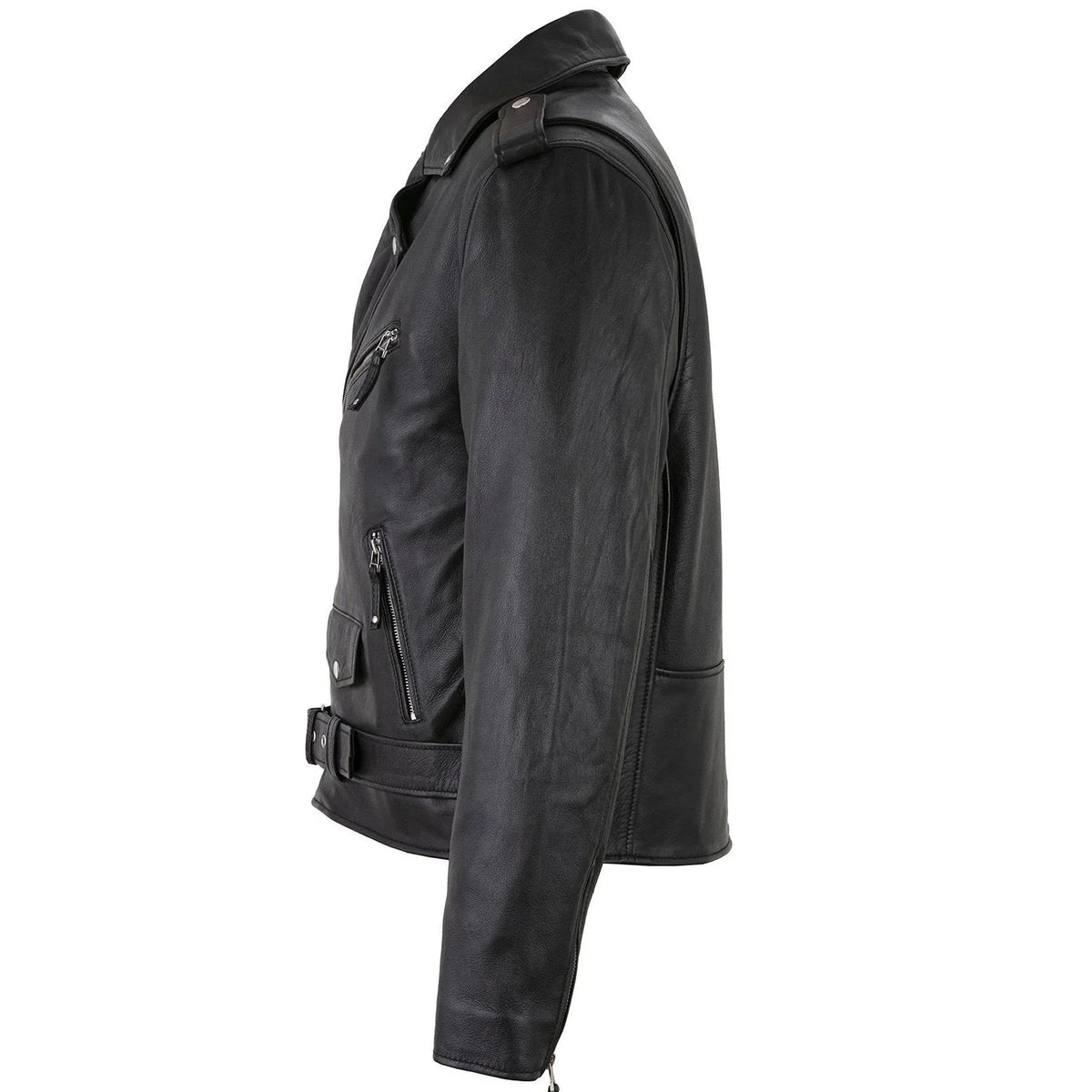 Side view of men's black leather biker jacket
