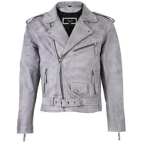 Men's grey leather biker jacket with cross zip fastening