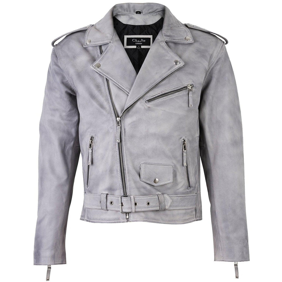 Men's grey leather biker jacket with cross zip fastening