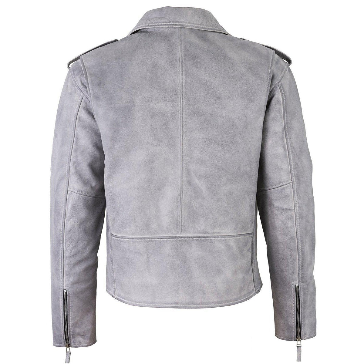 Men's grey leather biker jacket in classic Brando style