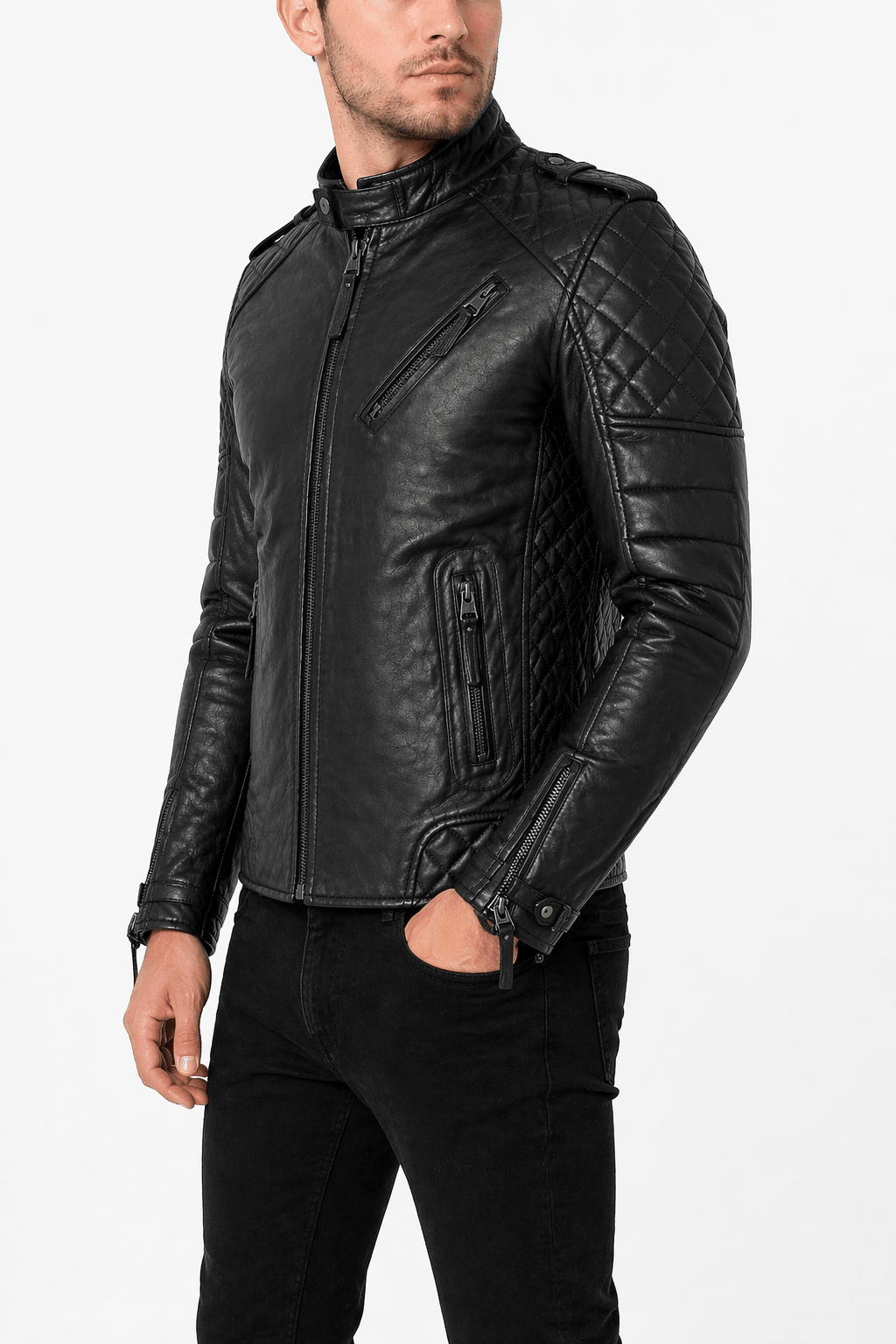 men’s black quilted leather biker jacket size 3xl| precision moto edition - 