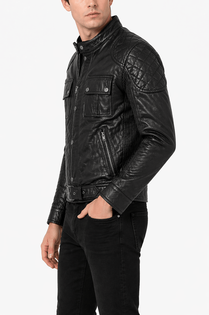 Men’s Black Quilted Leather Racer Jacket Size M | Urban Moto Edition - 
