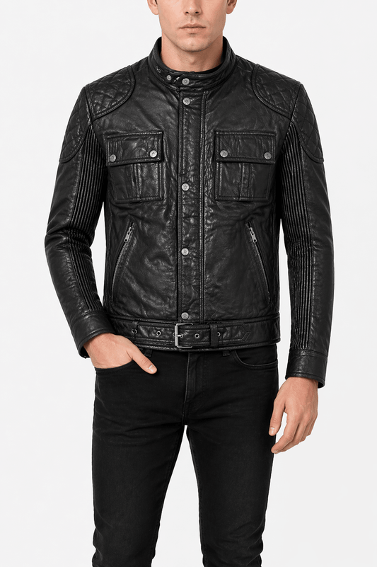 Men’s Black Quilted Leather Racer Jacket Size M | Urban Moto Edition - 