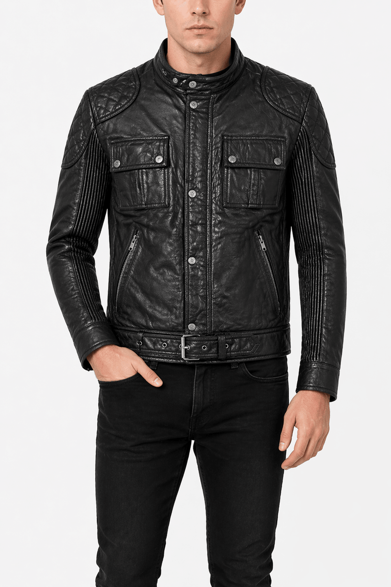 Men’s Black Quilted Leather Racer Jacket Size M | Urban Moto Edition - 