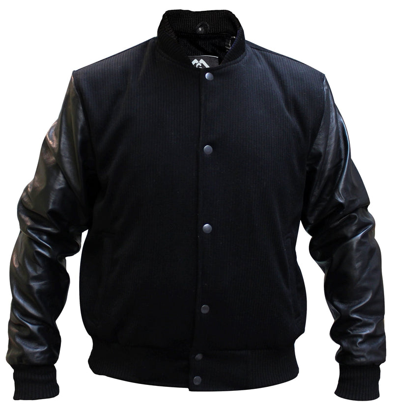 Mens Black Tweed Casual Bomber Jacket with real leather sleeves - 