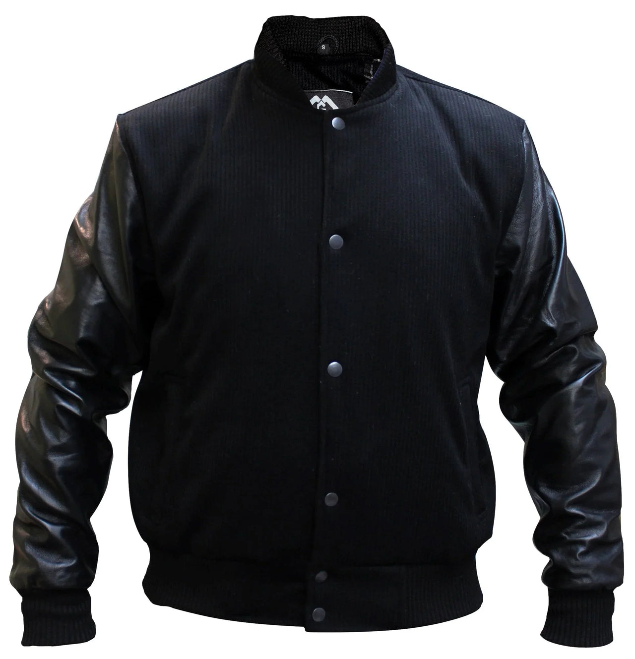 Mens Black Tweed Casual Bomber Jacket with real leather sleeves - 
