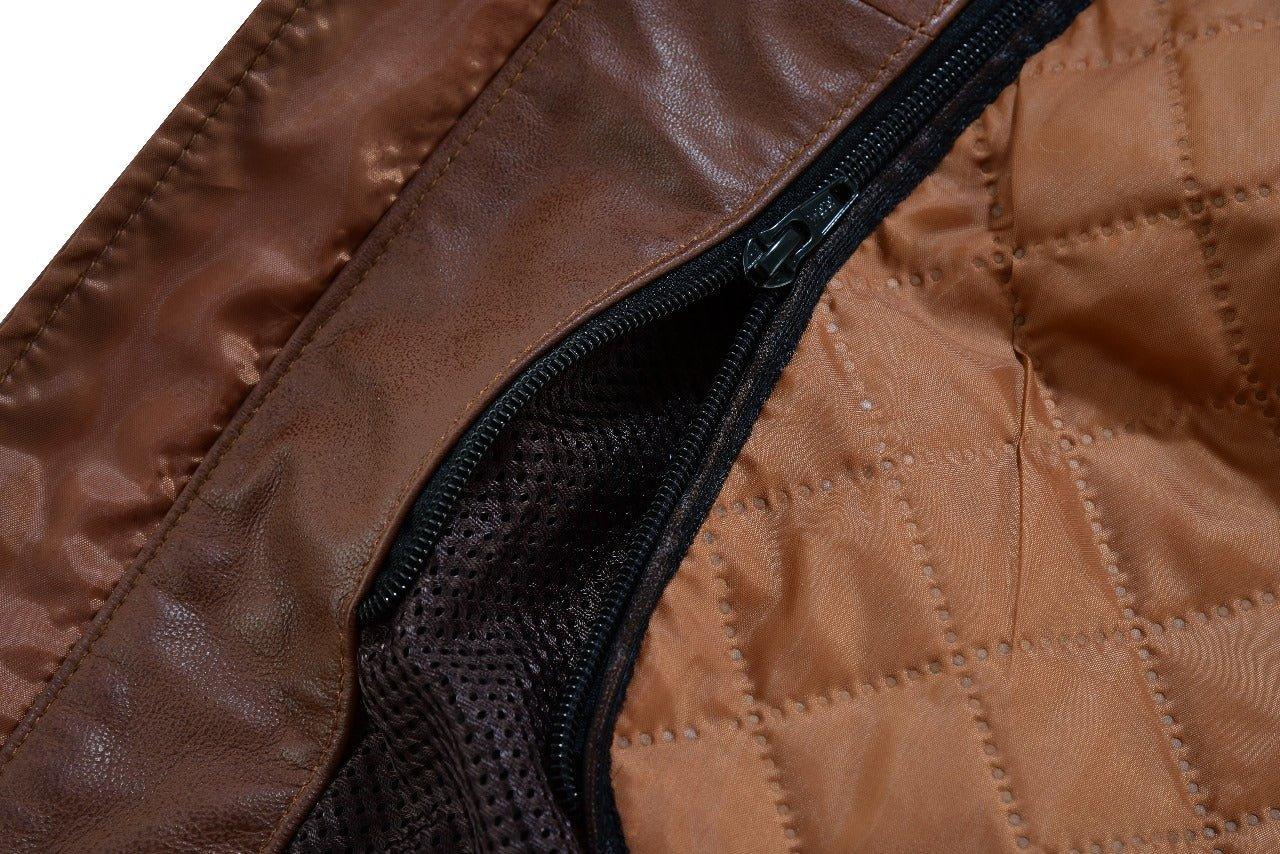 mens british motorcycle black wax leather badges jacket biker tan green striped - 
