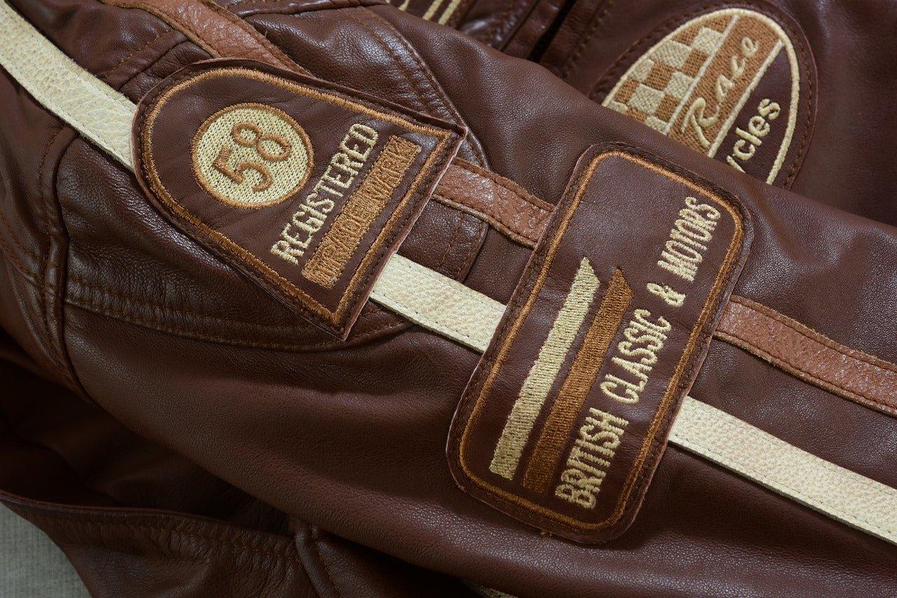 mens british motorcycle black wax leather badges jacket biker tan green striped - 