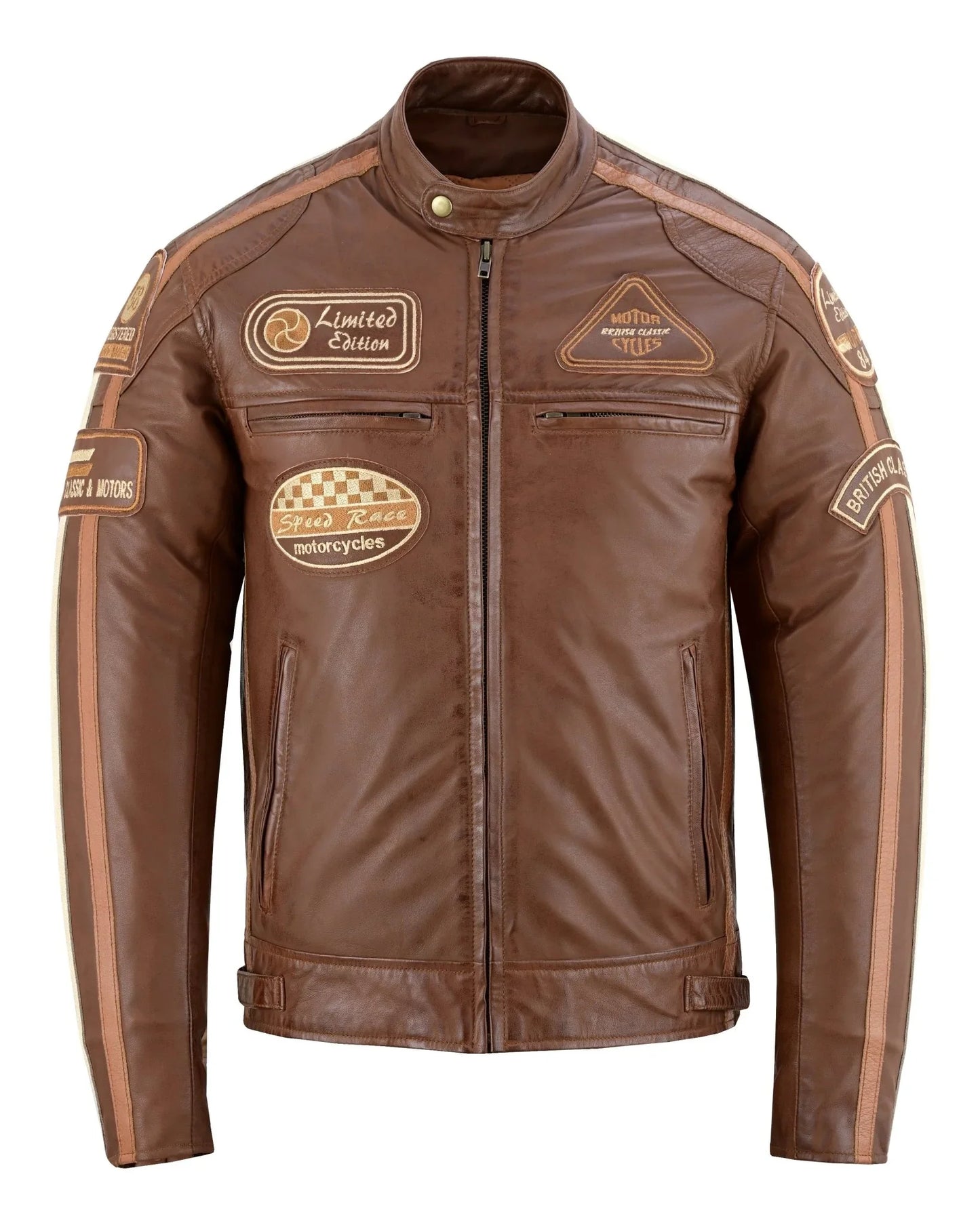 mens british motorcycle black wax leather badges jacket biker tan green striped - 