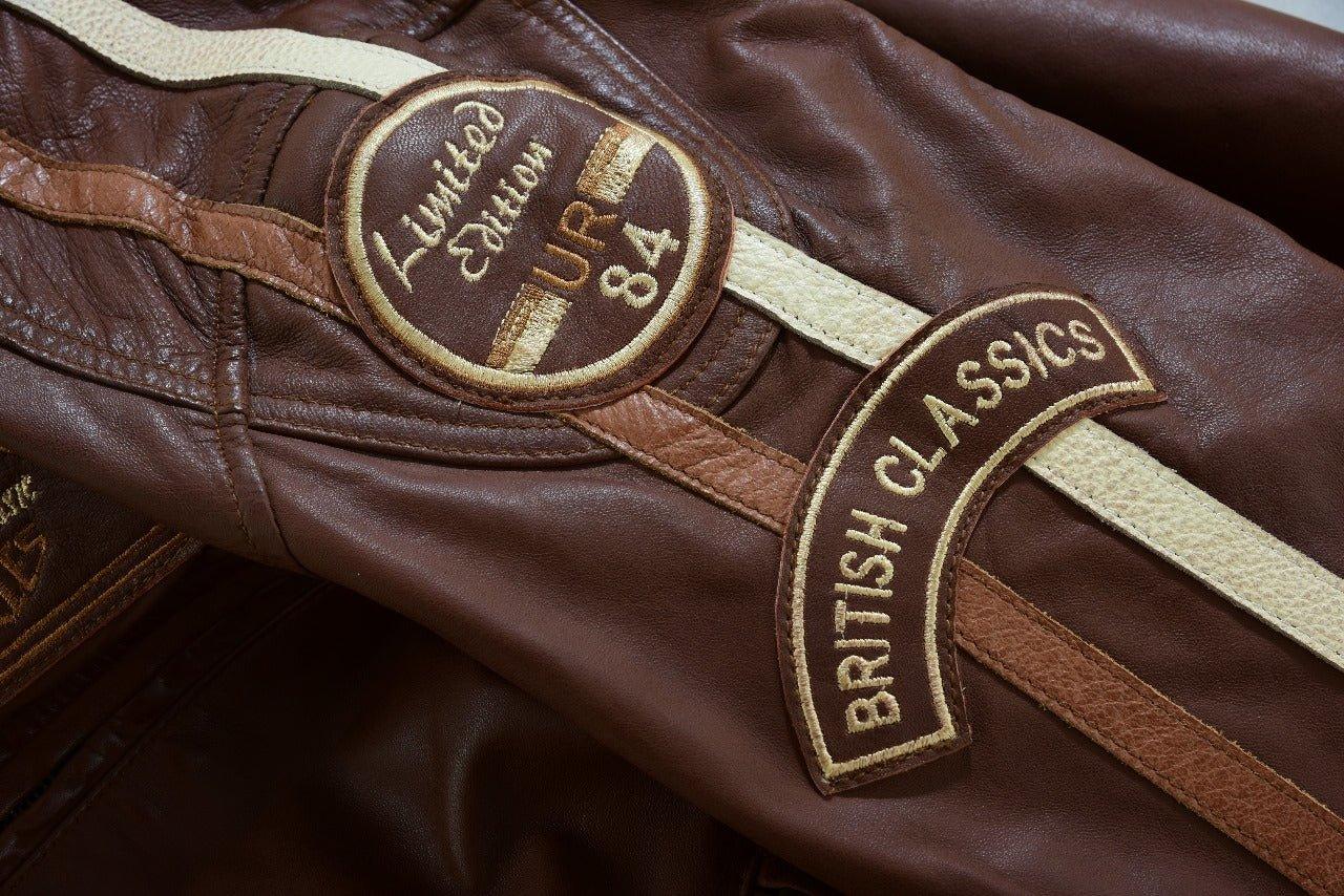 mens british motorcycle black wax leather badges jacket biker tan green striped - 